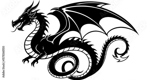 Dragon illustration with wings, sharp teeth and horns, shown in black silhouette. Fantasy creature, mythical beast, medieval art, gothic design, dragon