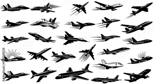 Set of airplane silhouettes in various styles. Aerospace, aviation, transportation, travel, design elements.