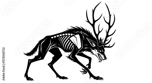 Mythical creature with antlers lunges forward aggressively. Fantasy beast, dark magic, monster, horror, folklore