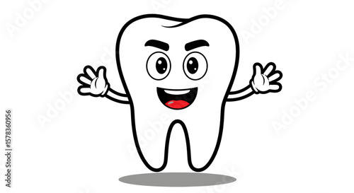 Cartoon tooth waves happily. Dental health, oral hygiene, tooth character, dentist
