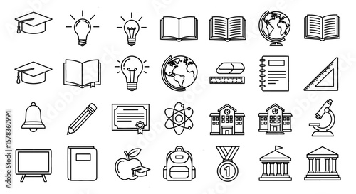 Education icons represent school subjects and learning. Study symbols, academia, educational tools, science elements.