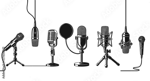 Variety of microphones are arranged in a row. Audio equipment, broadcasting, recording, sound engineering, studio