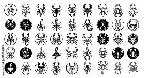 Collection of scorpion silhouettes in various designs. Vector illustration of scorpion drawings, tribal tattoo design, zodiac sign, nature symbol.