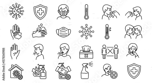 Set of line art icons of coronavirus preventive measures. Protection, health, safety, hygiene recommendations.