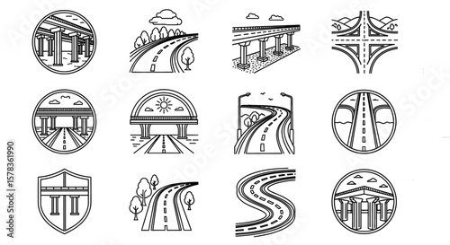 Line art illustrates various roads and highway overpasses. Transportation engineering, infrastructure development, urban planning.