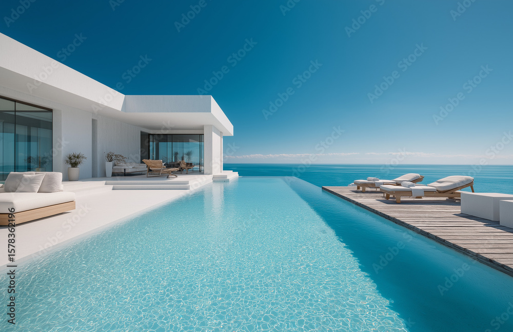 Fototapeta premium Modern house with infinity pool and sea view, white modern architecture on the island in Thailand, beach, 