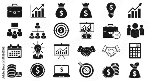 Business icons representing financial growth. Symbols for investment, management, and target achievement