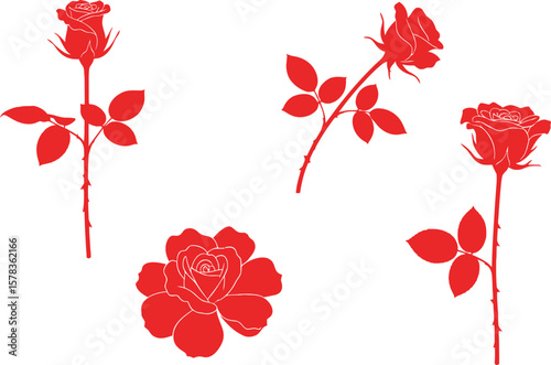 Illustration of red rose silhouettes with stems and leaves on a white background design
