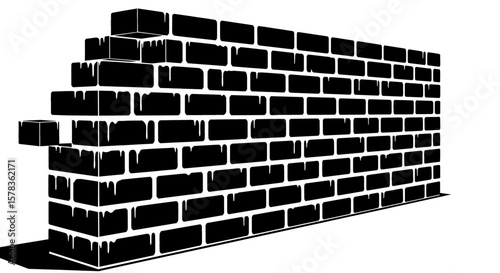 Cartoon wall is shown with missing brick. Construction failure, incomplete building, unfinished project, barrier breakdown
