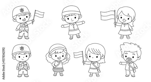 Cute cartoon children in uniforms holding flags isolated on transparent background