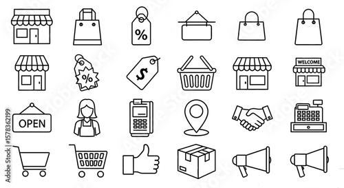 Illustration of shopping icons representing retail. Online shopping, e-commerce, market, sale, purchase