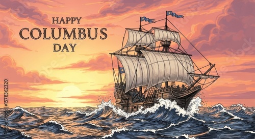 Happy Columbus Day Sailing on the Sea at Sunset