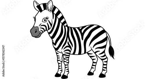 Cartoon zebra stands on white background. Animal illustration, graphic character, black and white stripes, wildlife