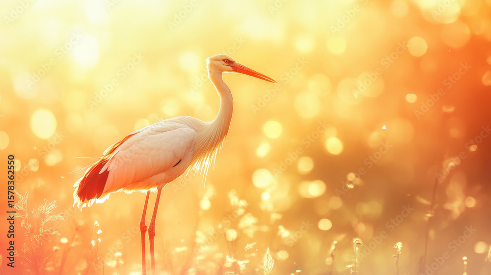 Fototapeta premium White Heron in Golden Hour Meadow