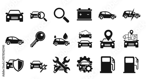 Car icons represent automobile services and transport. Vehicle maintenance, auto repair, transport, service, gas, wash.