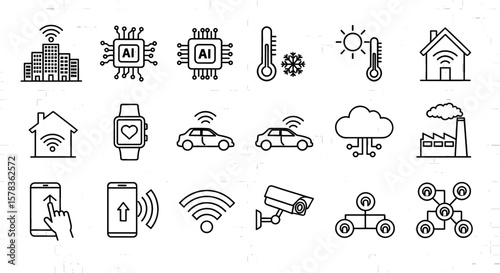 Icons illustrate internet of things technology. Smart technology, iot, device connectivity, automation, cloud computing.