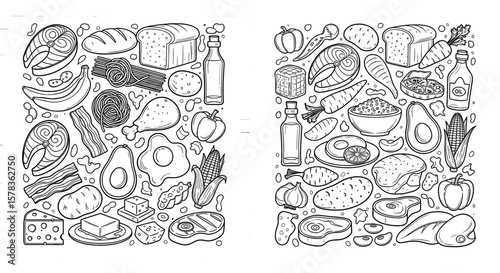 Black and white outlines depict healthy food selections. Diet, nutrition, balance, cooking ingredients, meal preparation