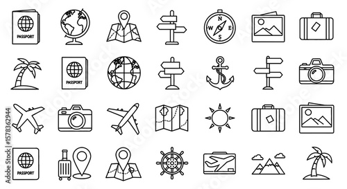 Icons showcase various travel and vacation themes. Tourism, adventure, trip planning, recreation