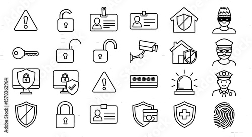 Security and protection icons presented, highlighting different safety and safeguarding measures. Safety elements, crime prevention, secure access, risk management, protection tools