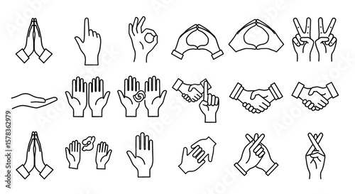 Various hand gestures are depicted as line drawings. Signs, communication, symbols, expressions, and nonverbal language.