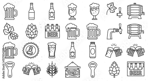 Beer icons collection for pub promotion and design. Assortment of brewery-related images, including beer bottles, mugs, taps, and more.