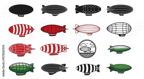Assorted airship vector icons on white background. Transportation, travel, vintage, airship, zeppelin, balloon, transport, aviation, dirigible, retro.