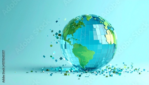 A blue and green translucent pixel globe on a background, with pieces flying around it
