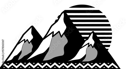 Illustration showing a mountain range in front of a striped sun. Outdoor adventure, nature landscape, peak challenge, travel destination