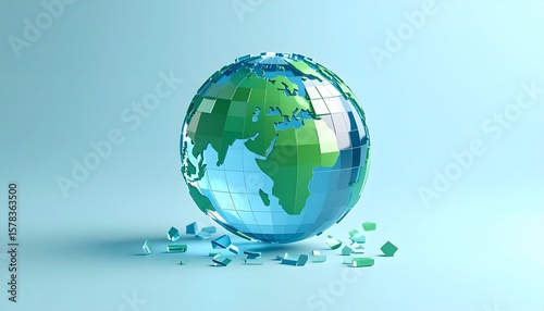 A blue and green translucent pixel globe on a background, with pieces flying around it