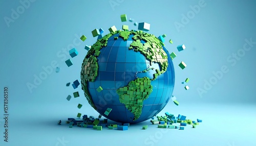 A blue and green translucent pixel globe on a background, with pieces flying around it