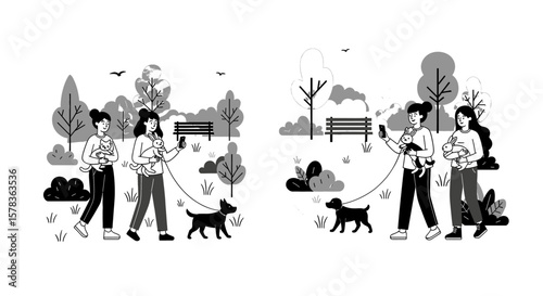 Women walk with pets in park using phone. Friends strolling, holding cat and rabbit, dog on leash in outdoor setting.