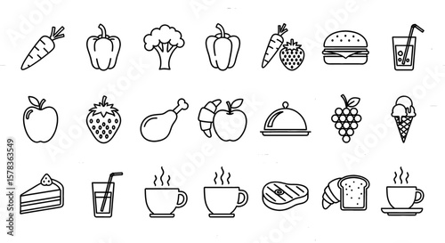 Variety of food items in outline style. Healthy diet, nutrition, meal preparation, balanced eating.
