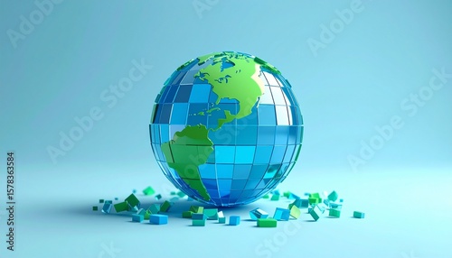 A blue and green translucent pixel globe on a background, with pieces flying around it