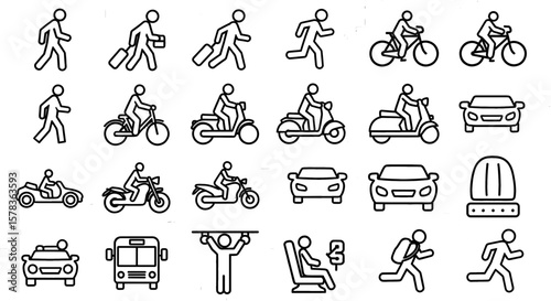 Set of transportation and movement icons. Includes people walking, running, riding bikes, motorcycles, and various cars, representing transportation options.