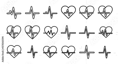 Heartbeat line variations show diverse cardiac rhythms. Vector illustration for medical, healthcare, and cardiology projects