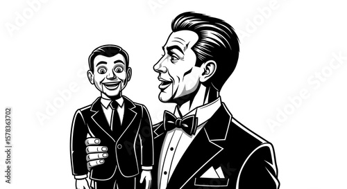 Ventriloquist holds his dummy, both smiling. Entertainment, performing arts, showmanship, mimicry, illusion