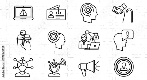 Icons representing business fraud and human manipulation. Vector graphics representing phishing, exploitation, and deceptive practices.