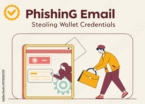 Phishing email stealing wallet credentials illustration isolated on white background