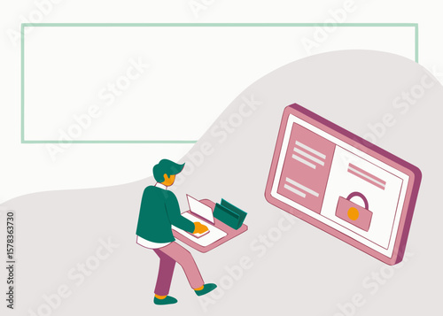 Man working on laptop with digital security and data protection concept isolated on white background
