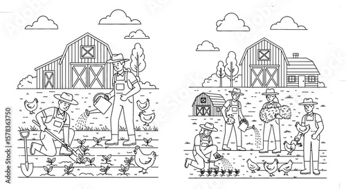 Farmers work the land in a farm scene. Agriculture, rural life, farming, harvest, nature, countryside