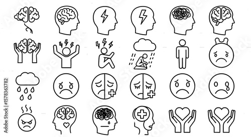 Icons represent mental health and emotional states. Psychological wellness, feelings, mood, mental illness, sadness, anger, anxiety, depression, support, self-care.