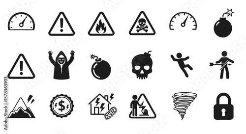 Collection of warning signs and hazard symbols. Danger, caution, safety, risk, danger, warning, attention.