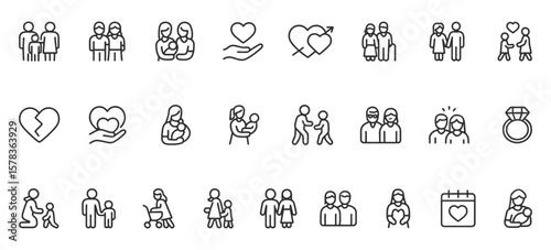 Family & Relationship Line Icons Pack – Unique Outline Symbols Representing Love, Parenting, Couples, Marriage & Emotional Connections for UI, Apps, and Social Design Projects
