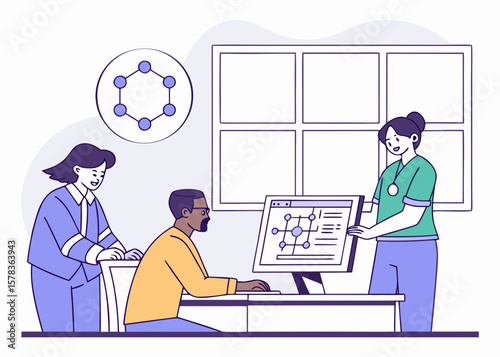 Diverse team collaborating on a scientific project with data visualization isolated on white background