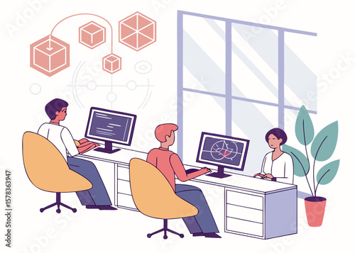 Team collaboration in a modern office environment with data visualization isolated on white background