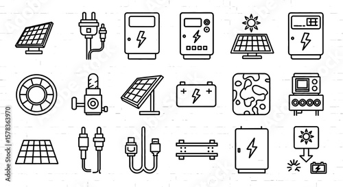 Solar energy and electricity schematic icons. Alternative power, sustainable energy, renewable resources, battery, charging, grid, components.