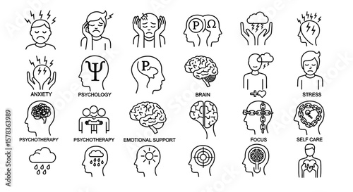 Collection of mental health icons representing different conditions. Visual depiction of anxiety, stress, focus, psychotherapy, and emotional support.