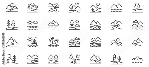 Landscape Line Icons Pack – Minimalist Nature & Scenery Vector Set for Outdoor, Travel, and Design Projects