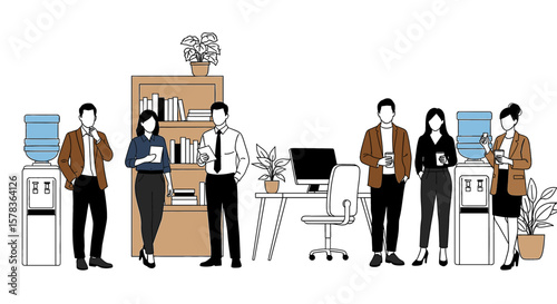 Office workers gather around water cooler and workspace. Business team, corporate environment, collaboration, colleagues