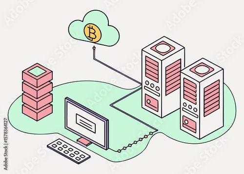 Cloud computing network with bitcoin symbol and servers isolated on white background